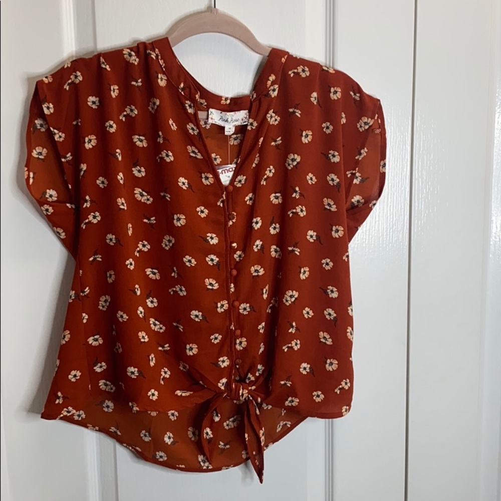 Cropped fit floral orange button down shirt
